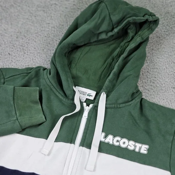 Lacoste Sport Hoodie Mens Medium Green White Navy Full Zip Sweatshirt Jacket - Picture 1 of 10